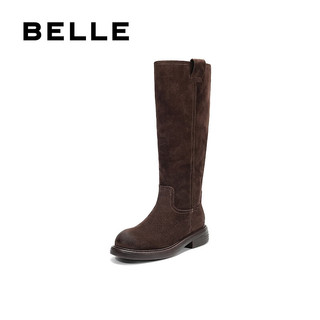 百丽（Belle）复古绒面堆堆靴西部靴女25冬新商场款厚底增高高筒靴E6G1DDG5 啡色 38