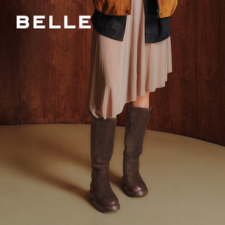 百丽（Belle）复古绒面堆堆靴西部靴女25冬新商场款厚底增高高筒靴E6G1DDG5 啡色 38