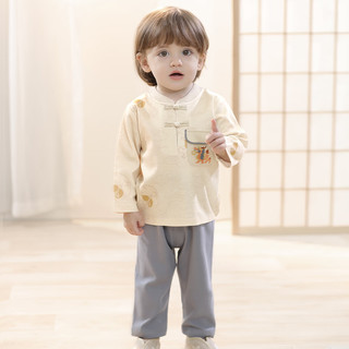 汉宫优品男童套装秋季纯棉男宝宝两件套新中式婴幼儿分体衣服秋装儿童汉服 吉禄金噙 90