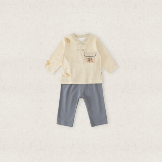 汉宫优品男童套装秋季纯棉男宝宝两件套新中式婴幼儿分体衣服秋装儿童汉服 吉禄金噙 90