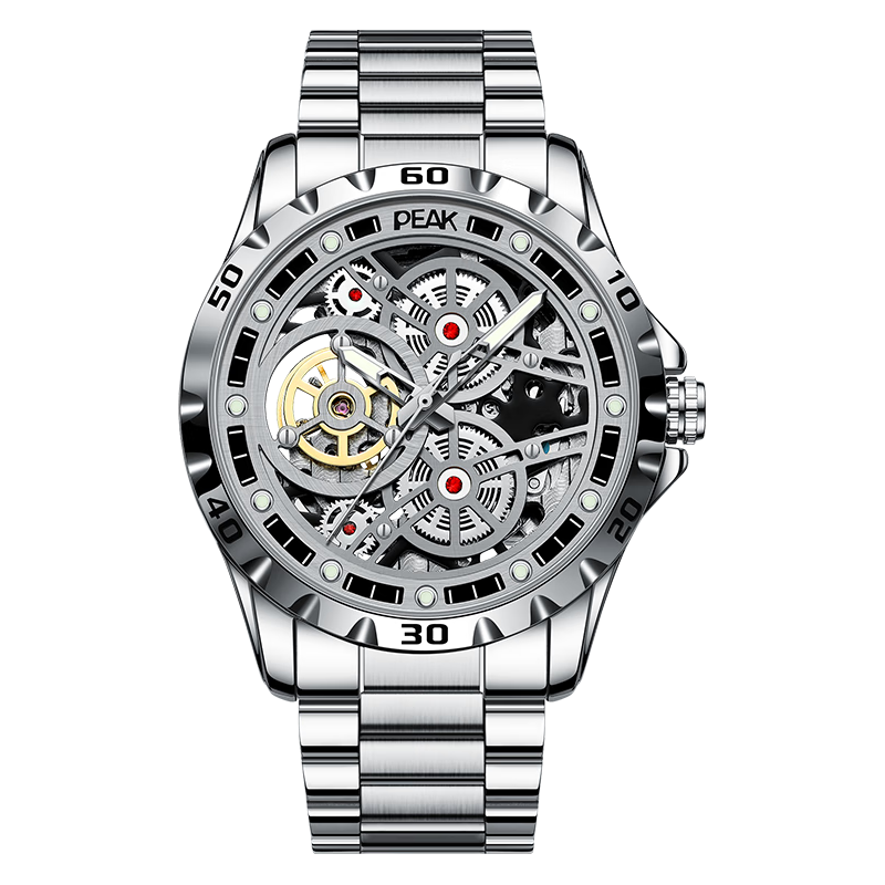 匹克中国品牌手表男镂空机械表男全自动机械机芯实心钢带十大腕表 银壳白支架【匹克黑套装】