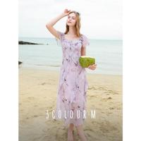 三彩 【2025夏季】木耳边荷叶袖蝴蝶印花雪纺连衣裙大摆长裙M