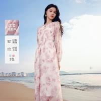 秋水伊人 【2025秋款】串珠圆领晕染印花连衣裙女休闲简约中长裙
