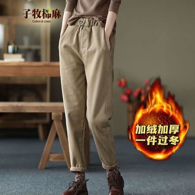 子牧棉麻 女士加绒休闲裤