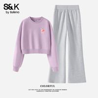 班尼路S&K系列套装圆领卫衣秋冬搭配直筒微喇裤时尚运动女装两件套 丁香紫#灰+水彩荔枝k#纯色 L