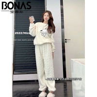 宝娜斯（BONAS）卡通珊瑚绒长裤秋冬宽松紧腰懒人睡裤家居睡衣套装 白色-小狗提花 均码 （90-150斤）