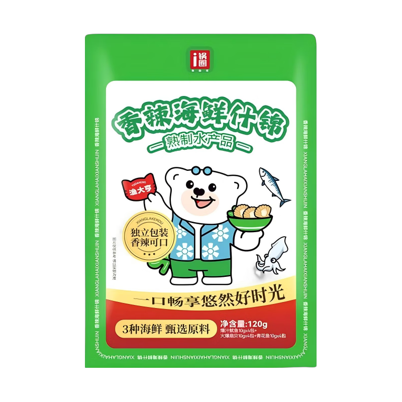 锅圈食汇香辣海鲜什锦独立包装休闲零食鱿鱼开袋即食120g/包