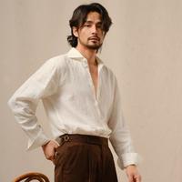 CULTUM 100%法国亚麻透气一字领衬衫男长袖纯色意式休闲温莎领衬衣