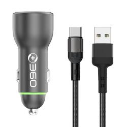 360 车载充电器快充数据线套装双口USB 66W点烟器智能车充 一拖二转换器