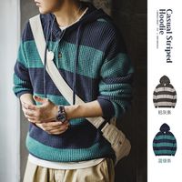 马登工装美式休闲撞色条纹连帽针织衫学院风毛衣宽松套头卫衣男秋