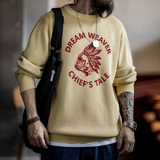 马登 工装美式复古仿亚麻字母撞色毛衣阿美咔叽套头圆领针织衫男秋