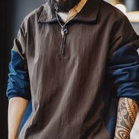 马登 美式复古褶皱拼接半拉链夹克 翻领撞色 男士外套