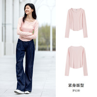 森马长袖T恤女短款紧身显瘦小心机2024秋气质木耳边上衣简约 梦幻粉60316 175/96A/XXL