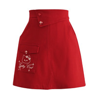 森女部落 snbl 女装 猫咪刺绣高腰半身裙