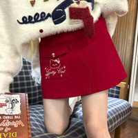 森女部落甜美风可爱猫咪刺绣百搭高腰半身裙女百搭A字裙秋季 红色半身裙 M