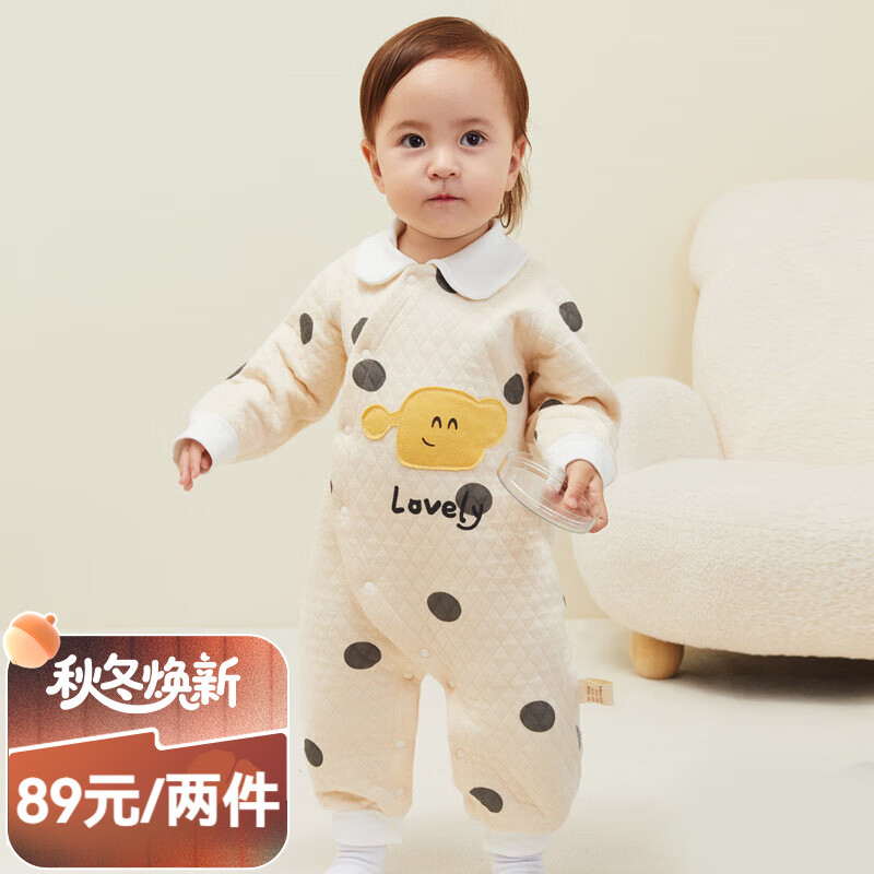班杰威尔（Banjvall）婴儿衣服秋冬季夹棉连体衣新生儿哈衣爬服0-18个月宝宝保暖睡衣 保暖波点奶酪斜扣哈衣 66cm (3-6个月身高60-68cm)