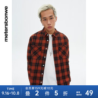 美特斯邦威休闲格纹长袖衬衫男春秋复古时尚纯棉男士上衣 橙色 S 165 88A