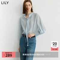LILY2025秋醋酸混纺木耳边立领飘带泡泡袖休闲通勤长袖衬衫女