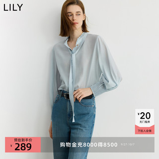 LILY2025秋醋酸混纺木耳边立领飘带泡泡袖休闲通勤长袖衬衫女 M