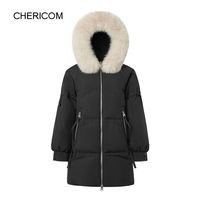 千仞岗（CHERICOM）冬季新款保暖连帽长款羽绒服时尚百搭防寒狐狸毛领 88005 (建议100-115斤）
