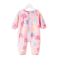 舒贝怡儿童秋冬加绒连体衣宝宝睡袋婴儿加厚爬服男女童保暖哈衣秋装 爱心脚丫粉色 100cm (2-3岁)