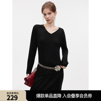 ELLE绵羊毛V领长袖毛针织衫女2025秋季软糯休闲简约显瘦毛衣 黑色（V领） M