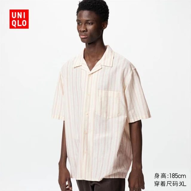 优衣库男装女装棉麻条纹衬衫/短袖衬衣开衫休闲477902 13 玫红色 2XL /185/112C
