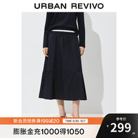 UR2025秋季女装休闲拼接褶皱松紧腰系带半裙UYL550114 墨蓝 XS
