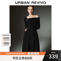 UR2025秋季女气质一字肩褶皱扣饰连衣裙UWH750114 黑色 (偏长) L
