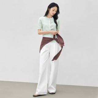 对白 2025夏装经典绞花短袖女式针织衫正肩显瘦温柔圆领开衫上衣