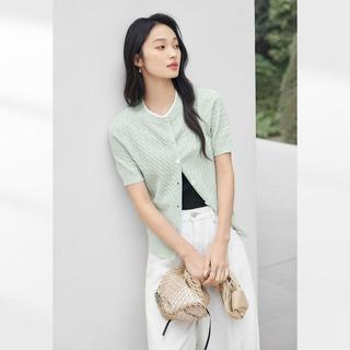 对白 2025夏装经典绞花短袖女式针织衫正肩显瘦温柔圆领开衫上衣