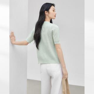 对白 2025夏装经典绞花短袖女式针织衫正肩显瘦温柔圆领开衫上衣