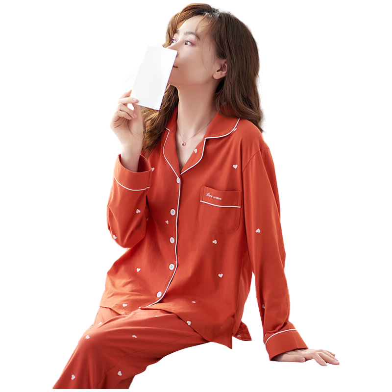 棉基因女士睡衣女春秋季100%纯棉翻领开衫印花全棉长袖可外穿家居服套装