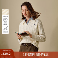 茵曼(INMAN)2025秋冬女装 知识分子POLO领绞花花纱毛衣学院风针织衫 浅灰杏 S