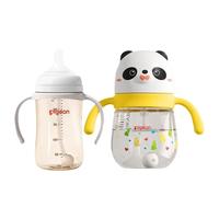 贝亲自然离乳宽口径PPSU吸管杯双把手奶瓶+熊猫水杯组套