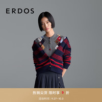 ERDOS 25秋冬圆领撞色条纹装饰夹条宽松休闲女开衫羊绒衫 藏蓝 XS 155/76A