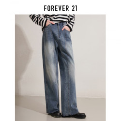 FOREVER 21 FOREVER21牛仔裤女2025年秋季新款美式复古高腰阔腿立体剪裁垂感宽松镰刀裤 复古蓝 M