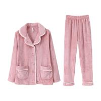 安之伴睡衣女秋冬保暖法兰绒加绒加厚休闲开衫宽松女士家居服套装可外穿 豆沙 L