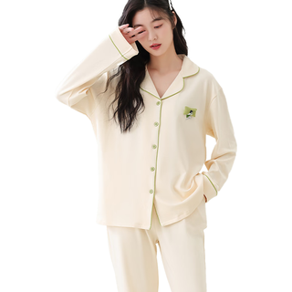 猫人女士睡衣女100%纯棉防螨抑菌简约清新开衫家居服淡黄色L