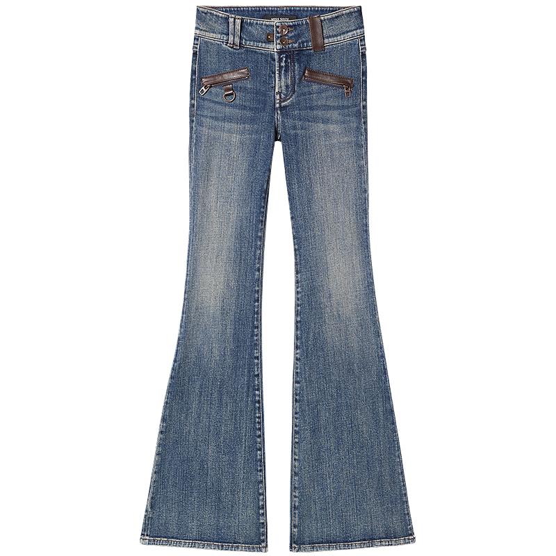 MISS SIXTY2025秋季牛仔裤女拼皮喇叭裤复古显瘦百搭 怀旧蓝短版 29