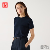 优衣库女装精纺美利奴羊毛圆领针织衫/短袖通勤469409 69 藏青色 XS /150/76A