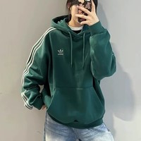 adidas 阿迪达斯 三叶草套头衫2025秋男三条纹绿色连帽卫衣JP1070