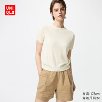 优衣库女装精纺美利奴羊毛圆领针织衫/短袖通勤25秋冬新款478335 01 乳白色 S /155/80A
