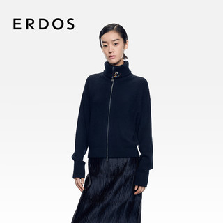ERDOS 25秋冬翻领装饰抽条水晶花朵宽松休闲女开衫羊绒衫 黑 2XL 175/96A