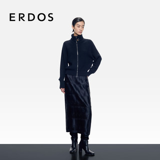 ERDOS 25秋冬翻领装饰抽条水晶花朵宽松休闲女开衫羊绒衫 黑 2XL 175/96A