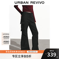 UR2025秋季女装潮流工装多口袋立体褶皱喇叭裤UYV650097 黑色 L