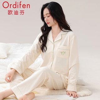 欧迪芬（Ordifen）女士睡衣女春秋季纯棉翻领开衫长袖长裤柔软舒适可外穿家居服套装