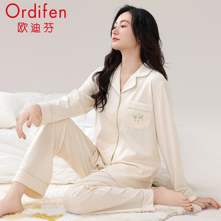 欧迪芬（Ordifen）女士睡衣女春秋季纯棉翻领开衫长袖长裤柔软舒适可外穿家居服套装