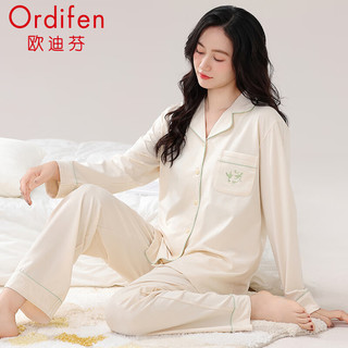 欧迪芬（Ordifen）女士睡衣女春秋季纯棉翻领开衫长袖长裤柔软舒适可外穿家居服套装