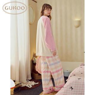 果壳（Gukoo）睡衣女冬季史努比联名毛绒保暖插肩袖格子裤女家居服套装可外穿D 橡皮粉套装 S